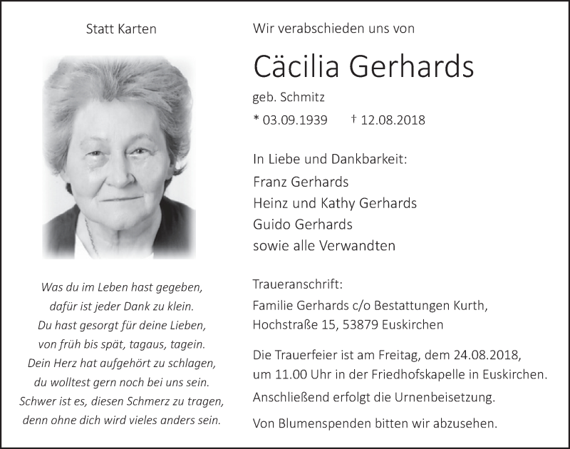  Traueranzeige für Cäcilia Gerhards vom 18.08.2018 aus  Blickpunkt Euskirchen 