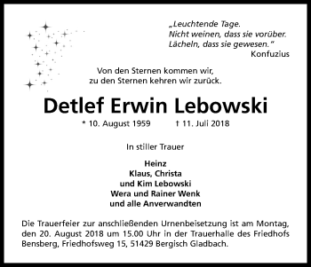 Anzeige von Detlef Erwin Lebowski von Kölner Stadt-Anzeiger / Kölnische Rundschau / Express