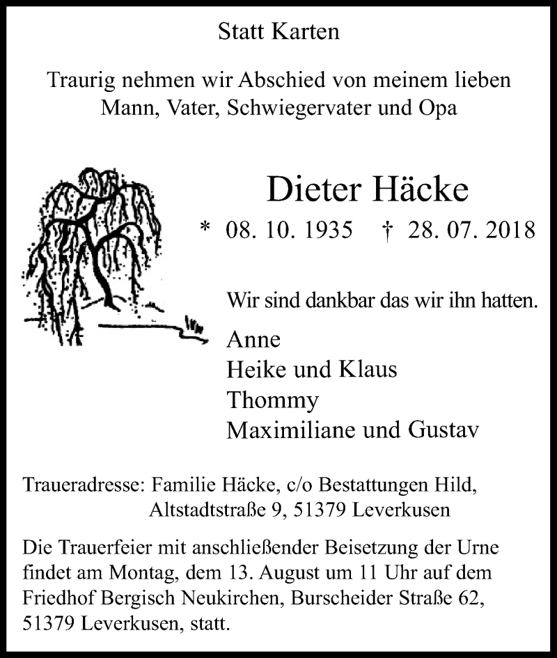  Traueranzeige für Dieter Häcke vom 04.08.2018 aus Kölner Stadt-Anzeiger / Kölnische Rundschau / Express