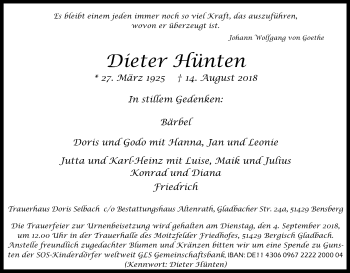 Anzeige von Dieter Hünten von Kölner Stadt-Anzeiger / Kölnische Rundschau / Express
