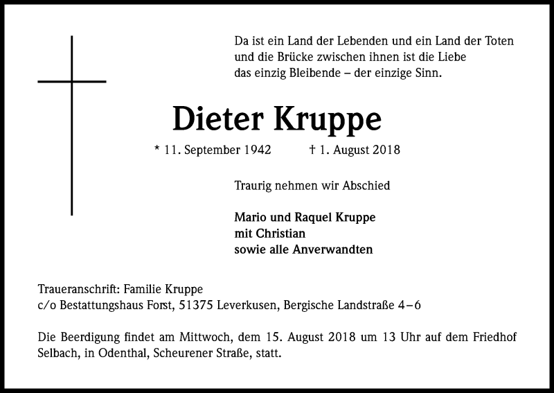  Traueranzeige für Dieter Kruppe vom 08.08.2018 aus Kölner Stadt-Anzeiger / Kölnische Rundschau / Express