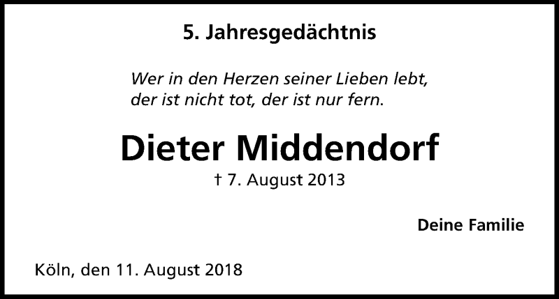  Traueranzeige für Dieter Middendorf vom 18.07.2023 aus Kölner Stadt-Anzeiger / Kölnische Rundschau / Express