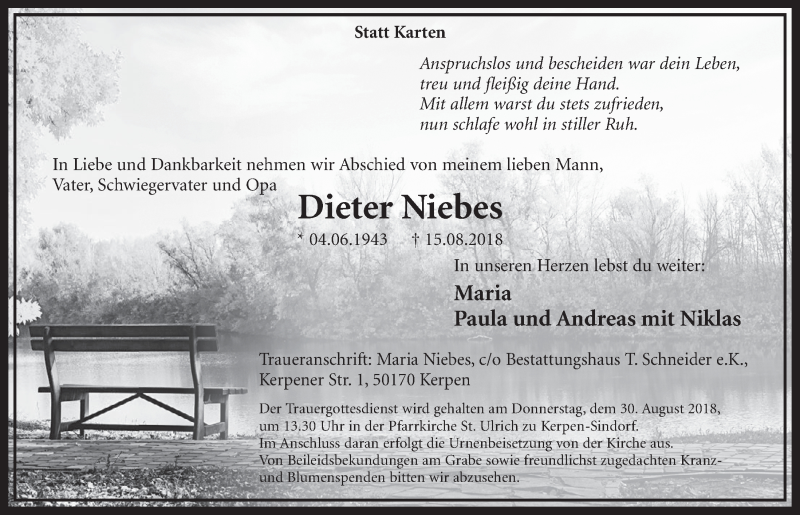  Traueranzeige für Dieter Niebes vom 25.08.2018 aus  Sonntags-Post 