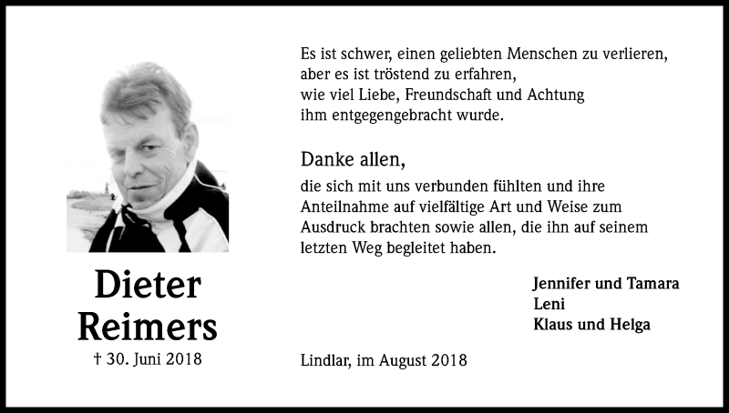  Traueranzeige für Dieter Reimers vom 18.08.2018 aus Kölner Stadt-Anzeiger / Kölnische Rundschau / Express