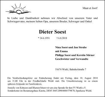 Anzeige von Dieter Soest von Kölner Stadt-Anzeiger / Kölnische Rundschau / Express