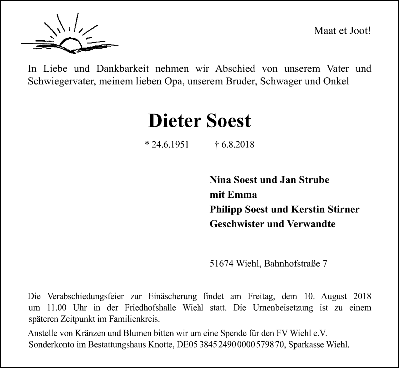  Traueranzeige für Dieter Soest vom 09.08.2018 aus Kölner Stadt-Anzeiger / Kölnische Rundschau / Express