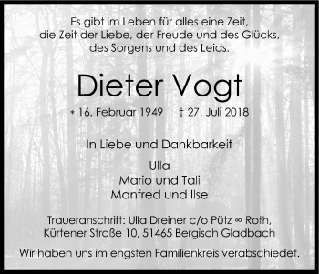 Anzeige von Dieter Vogt von Kölner Stadt-Anzeiger / Kölnische Rundschau / Express