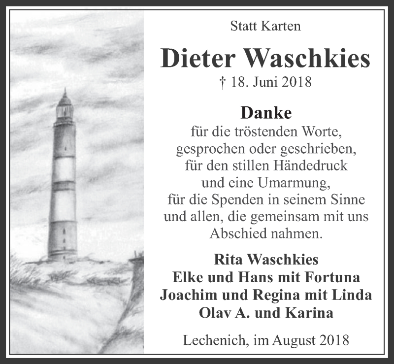  Traueranzeige für Dieter Waschkies vom 08.08.2018 aus  Werbepost 