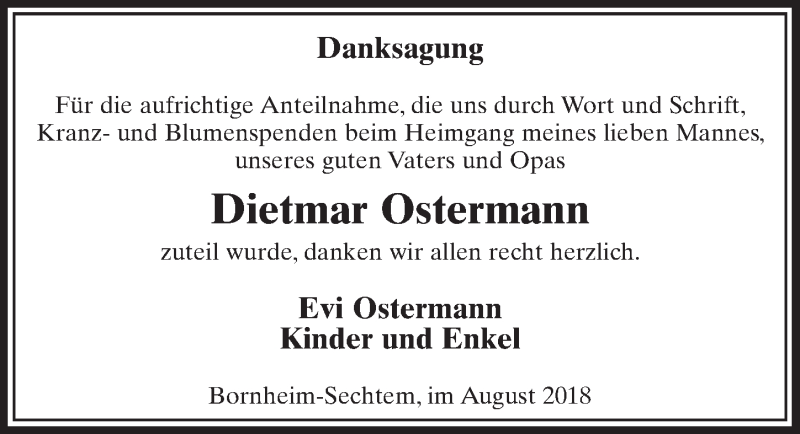  Traueranzeige für Dietmar Ostermann vom 29.08.2018 aus  Schlossbote/Werbekurier 