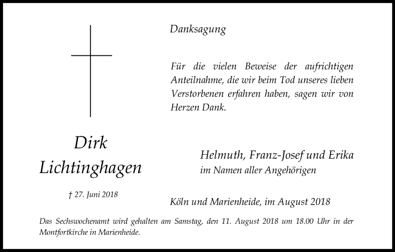  Traueranzeige für Dirk Lichtinghagen vom 11.08.2018 aus Kölner Stadt-Anzeiger / Kölnische Rundschau / Express