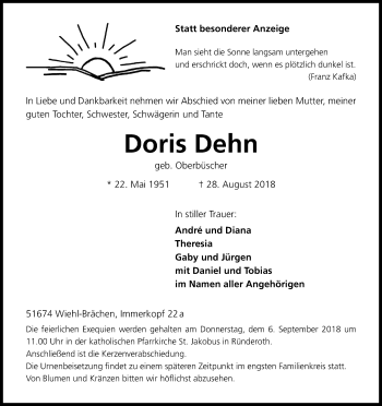Anzeige von Doris Dehn von Kölner Stadt-Anzeiger / Kölnische Rundschau / Express