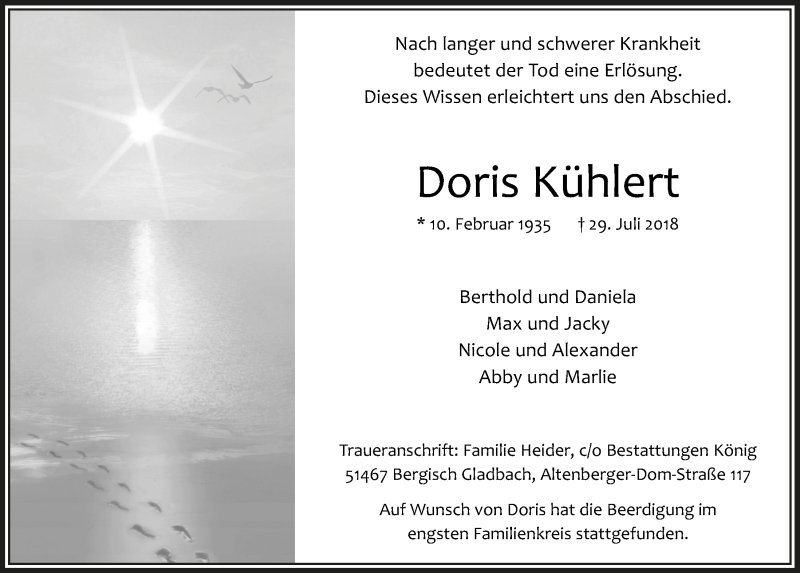  Traueranzeige für Doris Kühlert vom 11.08.2018 aus  Bergisches Sonntagsblatt 