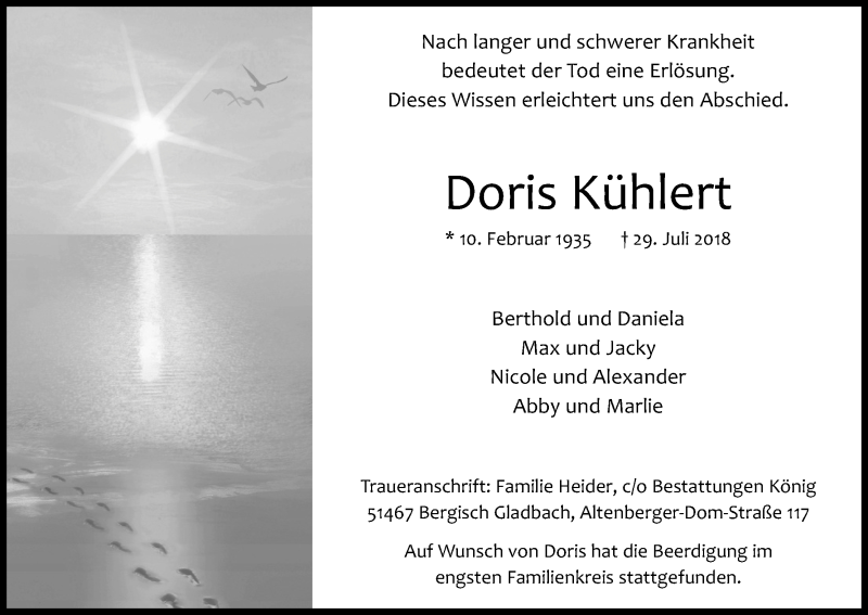  Traueranzeige für Doris Kühlert vom 11.08.2018 aus Kölner Stadt-Anzeiger / Kölnische Rundschau / Express