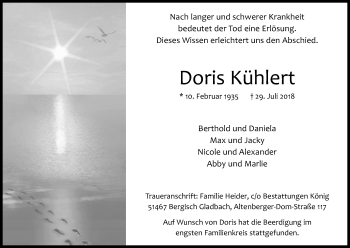 Anzeige von Doris Kühlert von Kölner Stadt-Anzeiger / Kölnische Rundschau / Express
