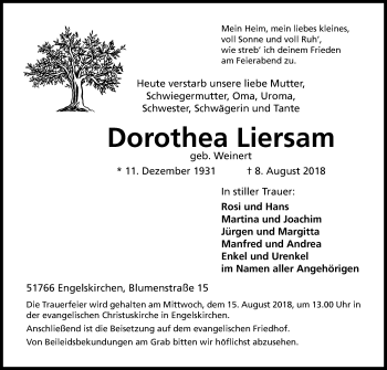 Anzeige von Dorothea Liersam von Kölner Stadt-Anzeiger / Kölnische Rundschau / Express