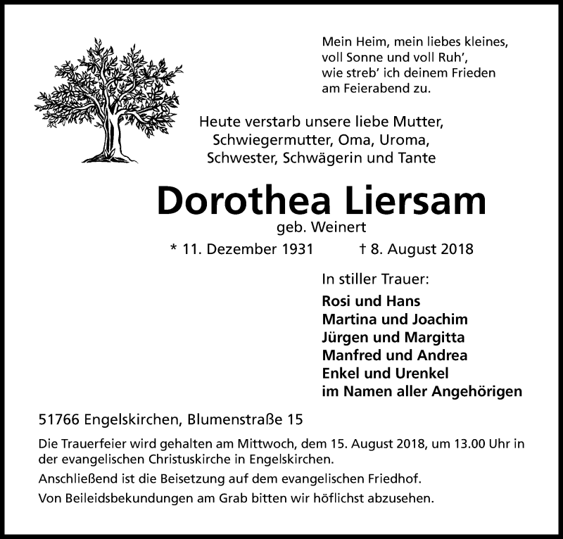  Traueranzeige für Dorothea Liersam vom 10.08.2018 aus Kölner Stadt-Anzeiger / Kölnische Rundschau / Express