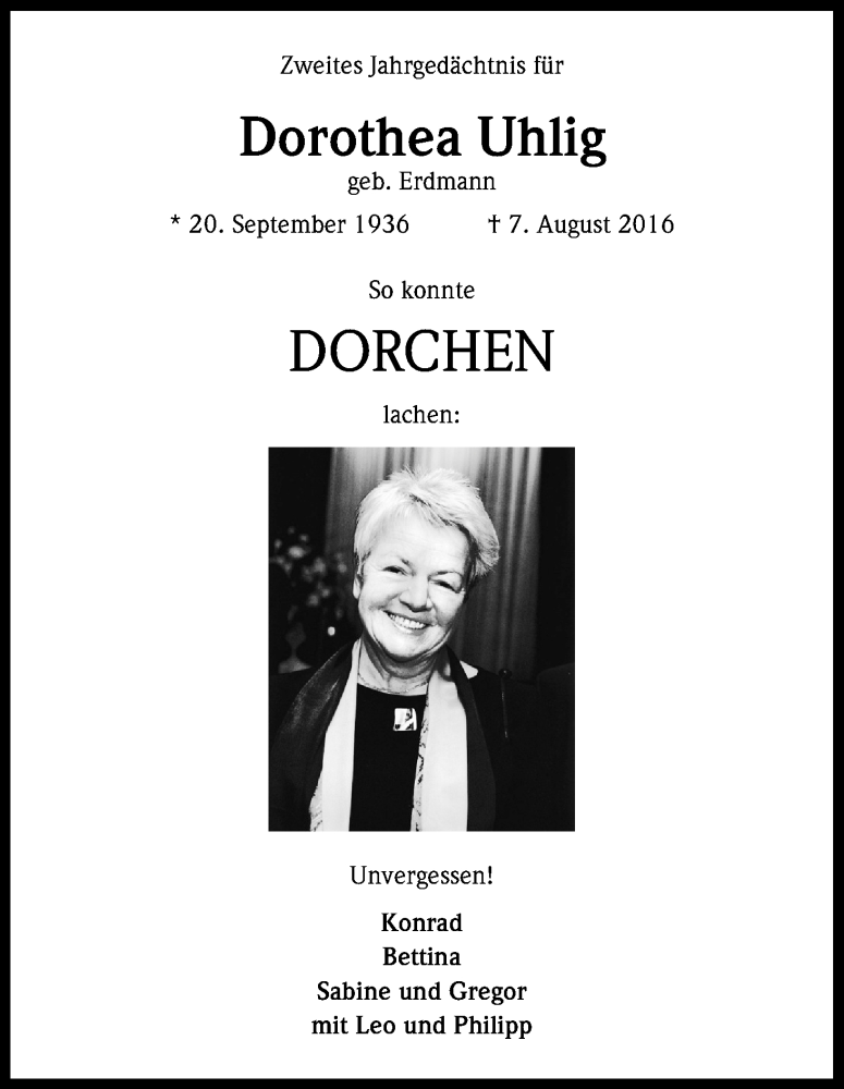  Traueranzeige für Dorothea Uhlig vom 07.08.2018 aus Kölner Stadt-Anzeiger / Kölnische Rundschau / Express