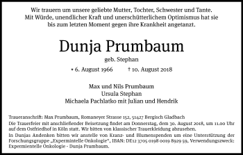 Anzeige von Dunja Prumbaum von Kölner Stadt-Anzeiger / Kölnische Rundschau / Express