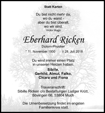 Anzeige von Eberhard Ricken von Kölner Stadt-Anzeiger / Kölnische Rundschau / Express