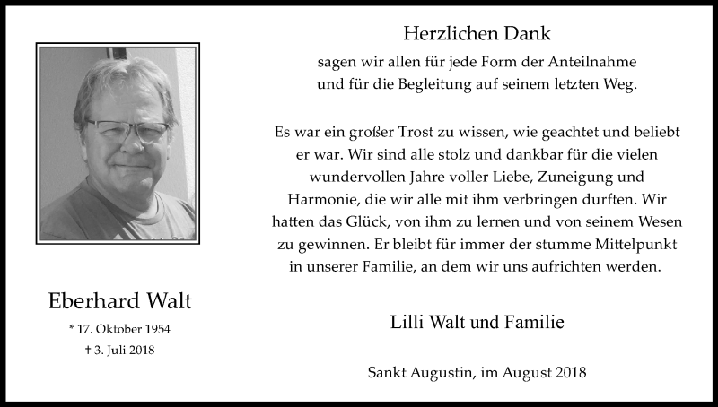  Traueranzeige für Eberhard Walt vom 11.08.2018 aus Kölner Stadt-Anzeiger / Kölnische Rundschau / Express