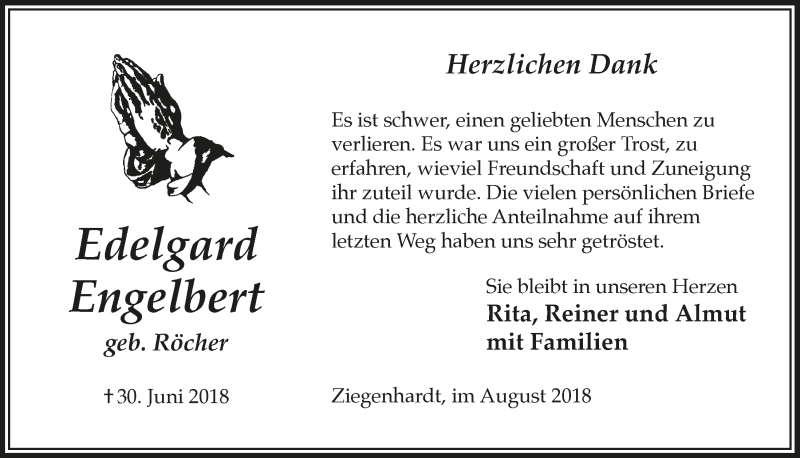  Traueranzeige für Edelgard Engelbert vom 15.08.2018 aus  Lokalanzeiger 