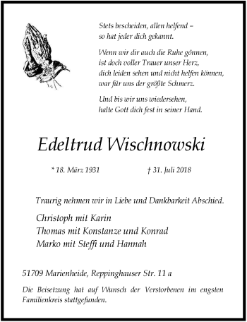 Anzeige von Edeltrud Wischnowski von  Anzeigen Echo 