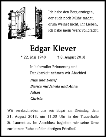 Anzeige von Edgar Klever von Kölner Stadt-Anzeiger / Kölnische Rundschau / Express