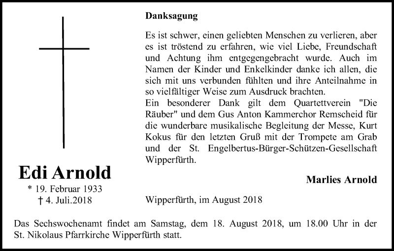  Traueranzeige für Edi Arnold vom 11.08.2018 aus Kölner Stadt-Anzeiger / Kölnische Rundschau / Express