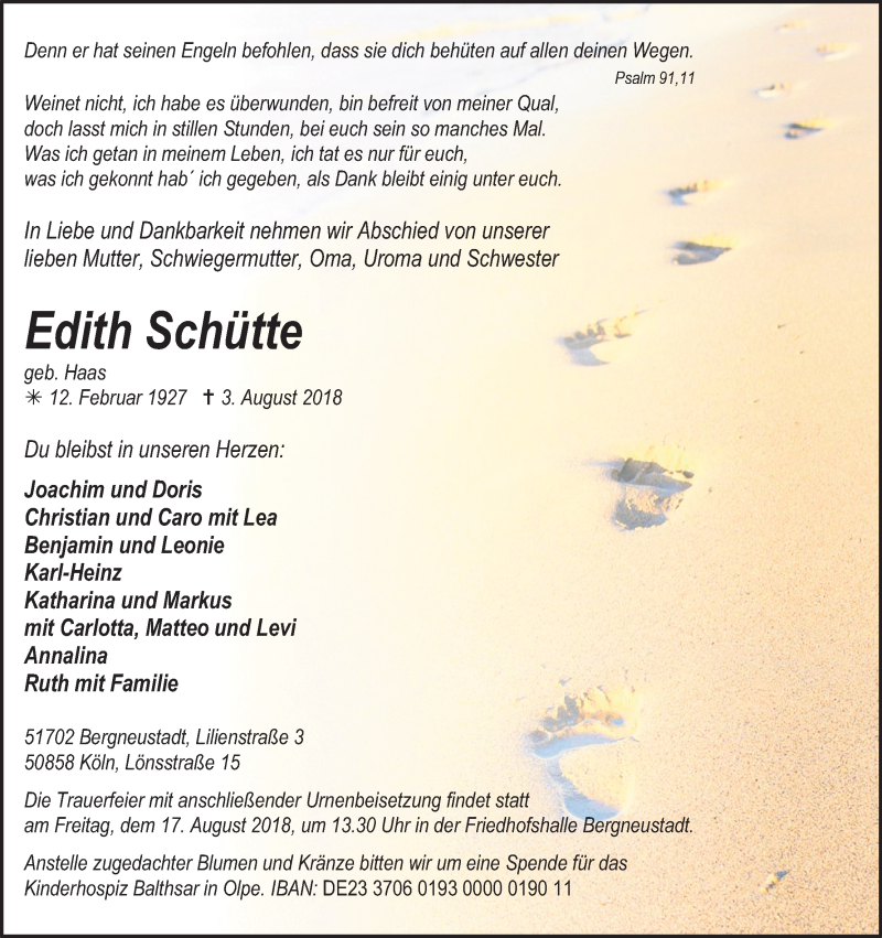 Traueranzeige für Edith Schütte vom 11.08.2018 aus Kölner Stadt-Anzeiger / Kölnische Rundschau / Express