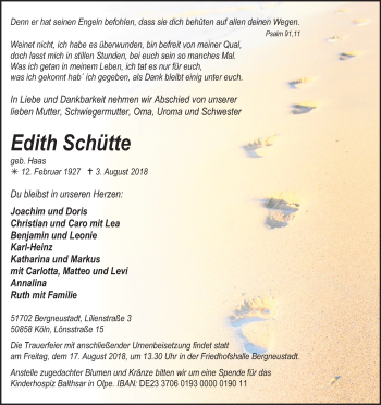 Anzeige von Edith Schütte von Kölner Stadt-Anzeiger / Kölnische Rundschau / Express