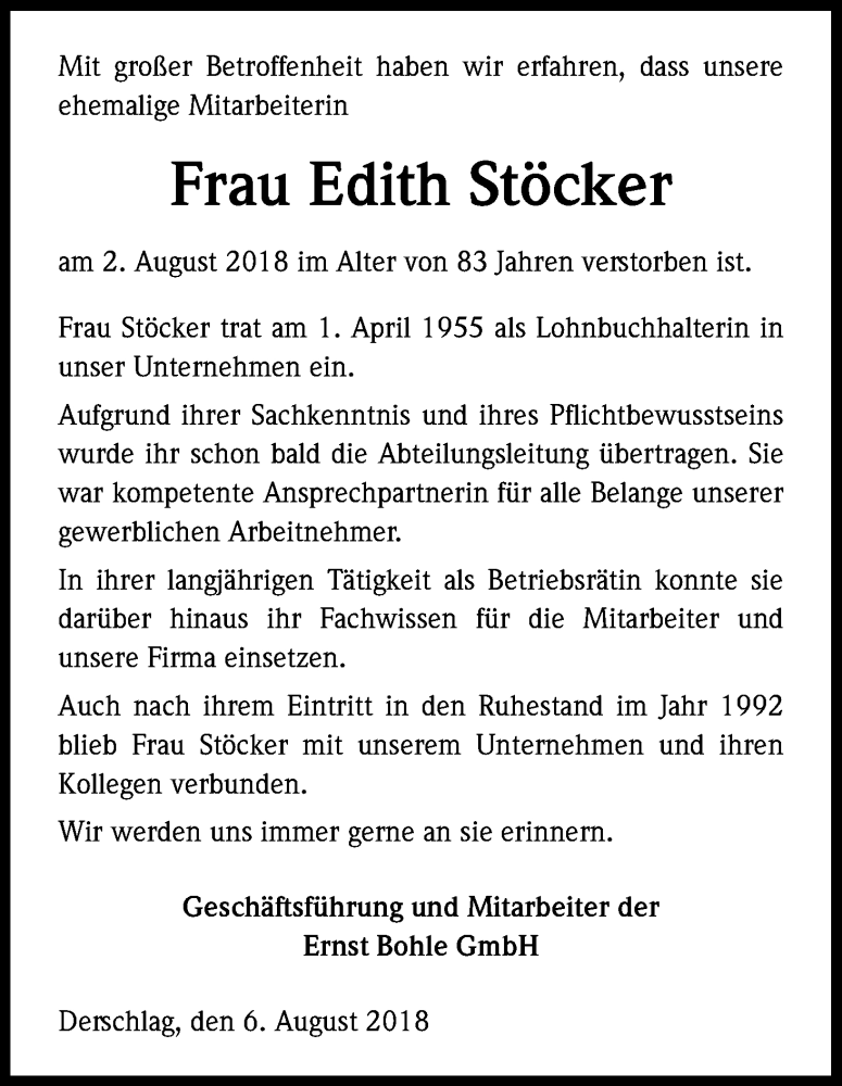  Traueranzeige für Edith Stöcker vom 09.08.2018 aus Kölner Stadt-Anzeiger / Kölnische Rundschau / Express