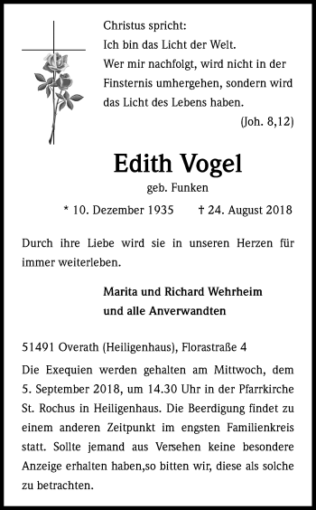 Anzeige von Edith Vogel von Kölner Stadt-Anzeiger / Kölnische Rundschau / Express
