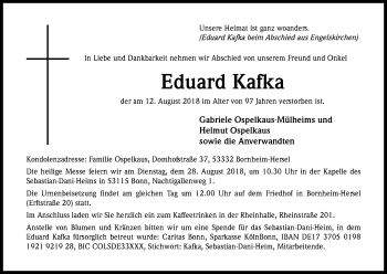Anzeige von Eduard Kafka von Kölner Stadt-Anzeiger / Kölnische Rundschau / Express