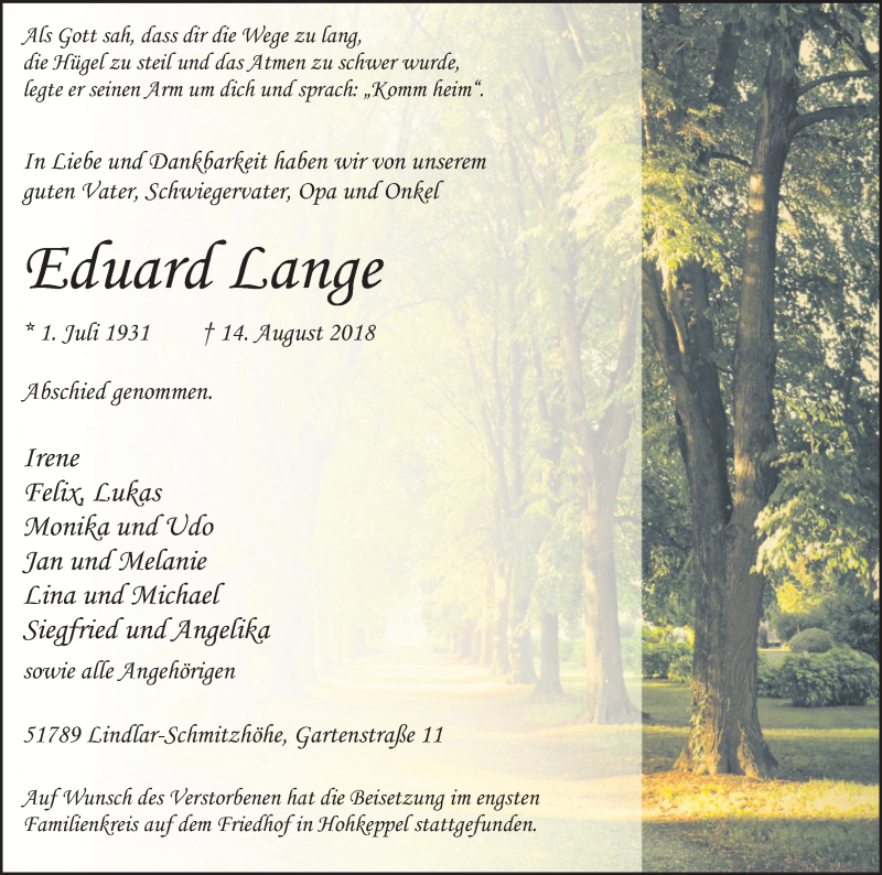  Traueranzeige für Eduard Lange vom 25.08.2018 aus Kölner Stadt-Anzeiger / Kölnische Rundschau / Express