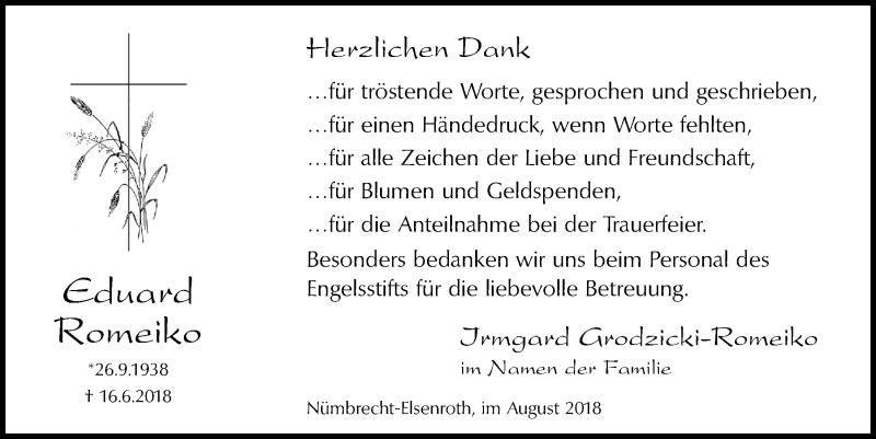  Traueranzeige für Eduard Romeiko vom 22.08.2018 aus  Lokalanzeiger 