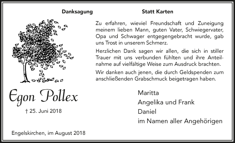 Traueranzeige für Egon Pollex vom 08.08.2018 aus  Anzeigen Echo 