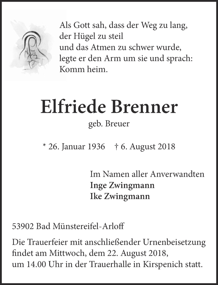  Traueranzeige für Elfriede Brenner vom 18.08.2018 aus  Blickpunkt Euskirchen 