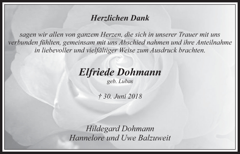  Traueranzeige für Elfriede Dohmann vom 15.08.2018 aus  Werbepost 