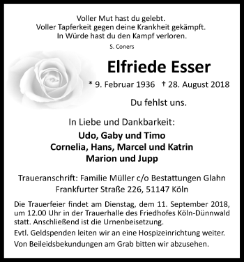 Anzeige von Elfriede Esser von Kölner Stadt-Anzeiger / Kölnische Rundschau / Express