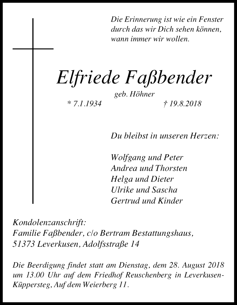  Traueranzeige für Elfriede Faßbender vom 25.08.2018 aus Kölner Stadt-Anzeiger / Kölnische Rundschau / Express