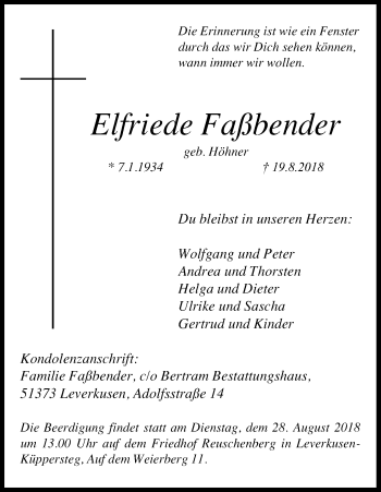 Anzeige von Elfriede Faßbender von Kölner Stadt-Anzeiger / Kölnische Rundschau / Express