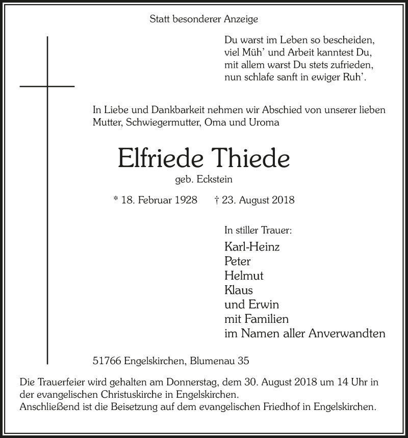  Traueranzeige für Elfriede Thiede vom 29.08.2018 aus  Anzeigen Echo 