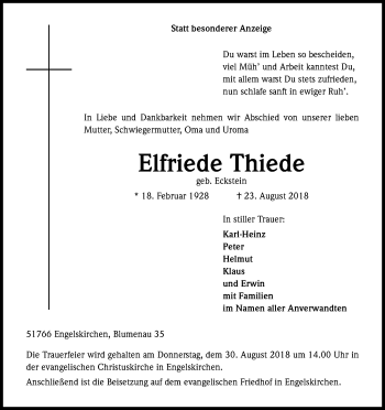 Anzeige von Elfriede Thiede von Kölner Stadt-Anzeiger / Kölnische Rundschau / Express