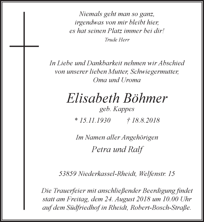  Traueranzeige für Elisabeth Böhmen vom 22.08.2018 aus  Extra Blatt 