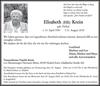 Anzeige von Elisabeth Krein von  Sonntags-Post 