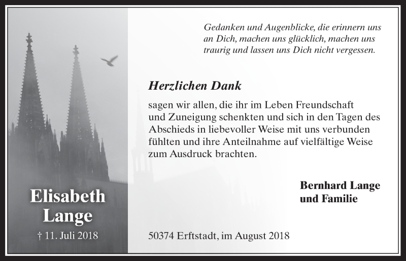  Traueranzeige für Elisabeth Lange vom 15.08.2018 aus  Werbepost 