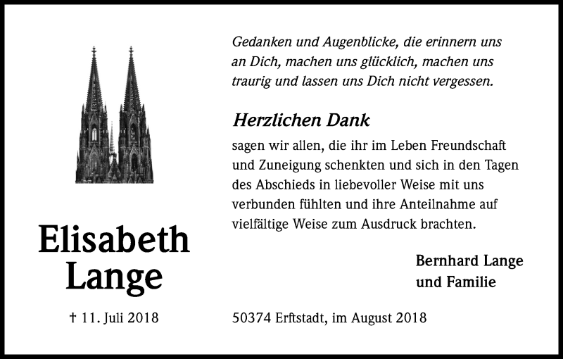  Traueranzeige für Elisabeth Lange vom 15.08.2018 aus Kölner Stadt-Anzeiger / Kölnische Rundschau / Express