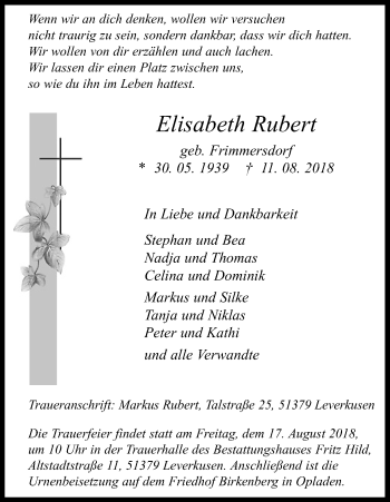 Anzeige von Elisabeth Rubert von Kölner Stadt-Anzeiger / Kölnische Rundschau / Express