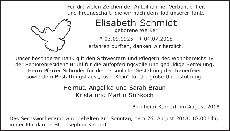  Traueranzeige für Elisabeth Schmidt vom 08.08.2018 aus  Schaufenster/Blickpunkt  Schlossbote/Werbekurier 