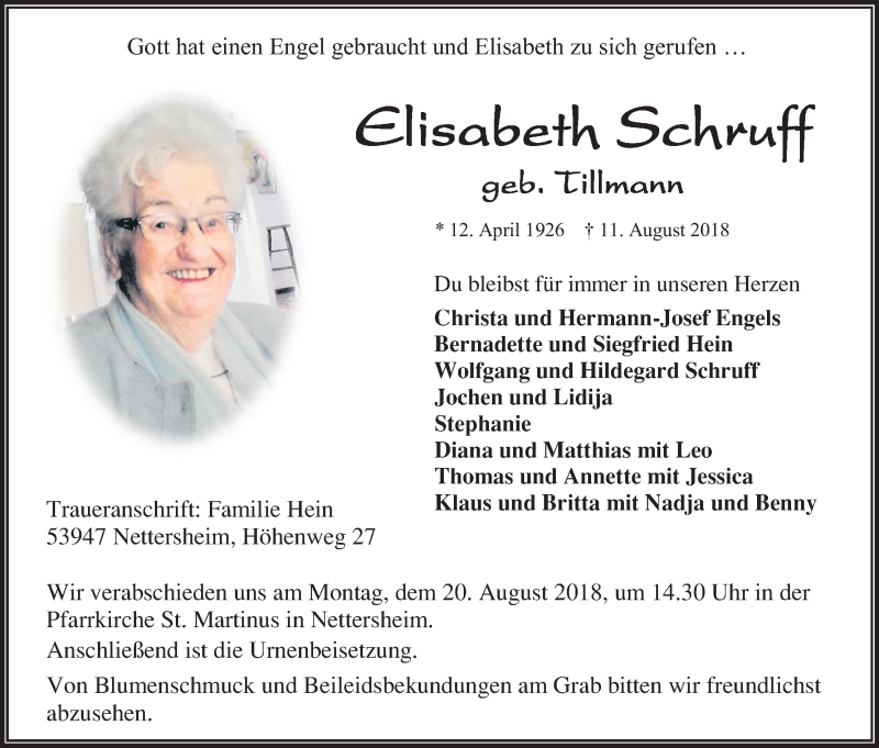  Traueranzeige für Elisabeth Schruff vom 16.08.2018 aus Kölner Stadt-Anzeiger / Kölnische Rundschau / Express